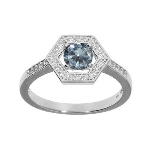 Bague en argent rhodié avec oxyde bleu ciel et contour oxydes blancs