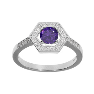 Bague en argent rhodié avec oxyde violet et contour oxydes blancs