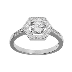 Bague en argent rhodié avec oxydes blancs forme hexagone