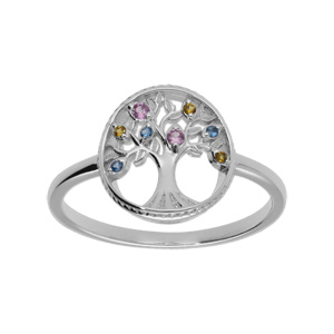 Bague en argent rhodié motif arbre de vie contour perlé d’oxydes multicolore