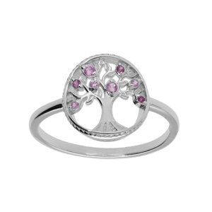 Bague en argent rhodié motif arbre de vie contour perlé d'oxydes roses