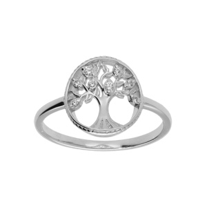 Bague en argent rhodié motif arbre de vie et contour perlé d’oxydes blancs