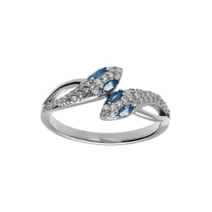 Bague en argent rhodié serpent double avec oxydes blancs et yeux oxydes bleu