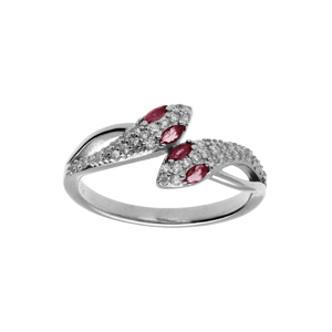 Bague en argent rhodié serpent double avec oxydes blancs et yeux oxydes fuschia