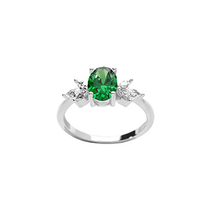 Bague en argent rhodié avec oxydes blancs et vert en forme de fleur