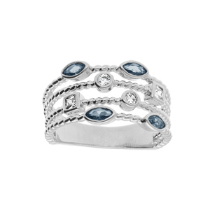 Bague en argent rhodié avec quatre rangs d’oxydes blancs et bleus