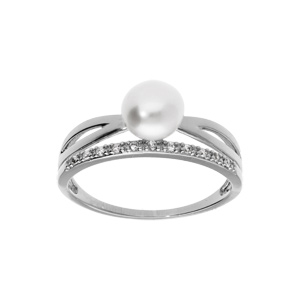 Bague en argent platiné de forme croisée avec perle de culture d’eau douce et oxydes blancs sertis