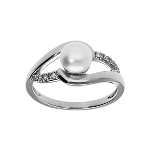Bague en argent platiné avec perle de culture d’eau douce avec deux bandes d’oxydes blancs sertis
