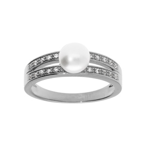 Bague en argent rhodié perle de culture d’eau douce avec 2 rangs d’oxydes blancs sertis
