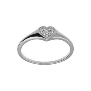Chevalière femme en argent platiné coeur pavé d’oxydes blancs sertis