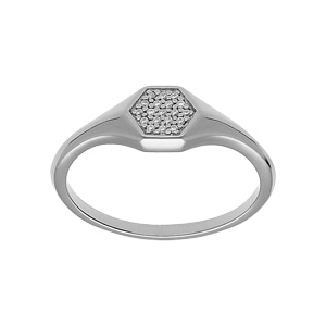 Chevalière femme en argent platiné de forme géometrique avec oxydes blancs sertis