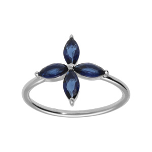 Bague en argent rhodié en forme de fleur en verre bleu foncé
