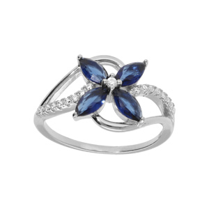 Bague en argent rhodié croisée d’oxydes blancs serti et fleur verre bleu foncé