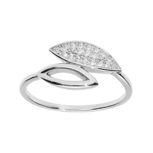 Bague en argent rhodié feuille « toi et moi » évidée et pavage d’oxydes blancs