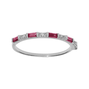 Bague en argent rhodié motif rectangle avec oxydes fushia et blancs