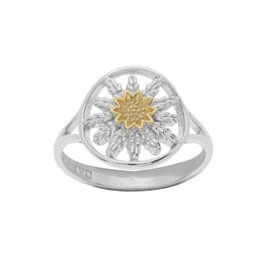 Bague en argent rhodié motif Eguzkilore fleur de soleil bicolore
