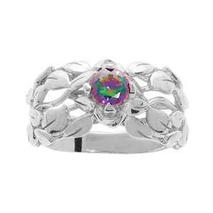 Bague en argent rhodié oxyde mystique arc en ciel et feuillage