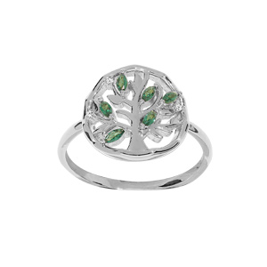 Bague en argent rhodié motif arbre de vie et oxydes verts