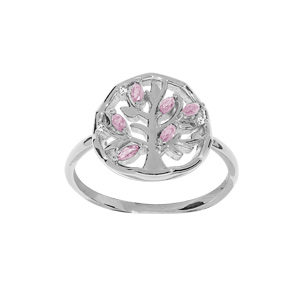 Bague en argent rhodié motif arbre de vie et oxydes roses