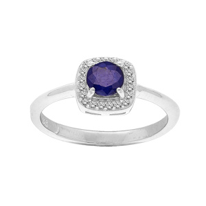 Bague en argent rhodié Saphir véritable contour carré pavé de Topazes blanches sertis