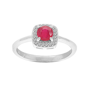 Bague en argent rhodié Rubis véritable et carré pavé d'oxydes blancs sertis