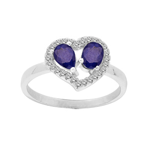 Bague en argent rhodié coeur 2 Saphirs véritables et contour Topazes blanches serties