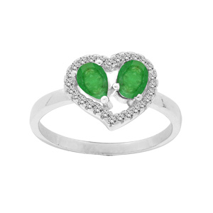 Bague en argent rhodié coeur 2 Emeraudes véritables et contour Topazes blanches serties