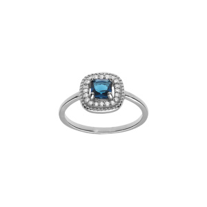 Bague en argent rhodié avec oxyde carré bleu moyen central et contour d’oxydes blancs