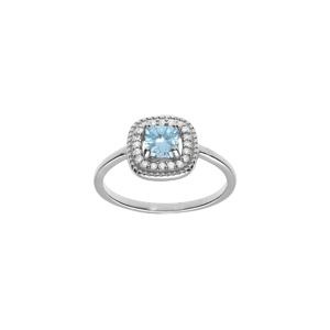 Bague en argent rhodié avec oxyde carré bleu ciel central et contour d’oxydes blancs