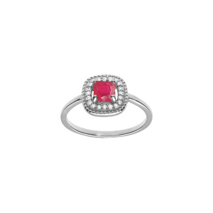 Bague en argent rhodié avec oxyde carré fuchsia central et contour d’oxydes blancs