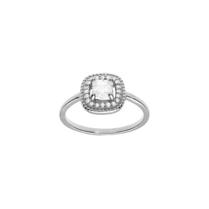 Bague en argent rhodié avec oxyde carré blanc central et contour d’oxydes blancs