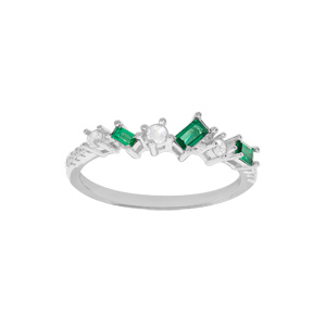 Bague en argent rhodié rectangles d’oxydes verts et blancs sertis