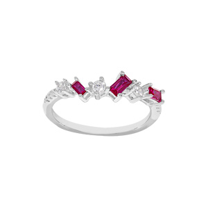 Bague en argent rhodié rectangles d’oxydes fuchsias et blancs sertis