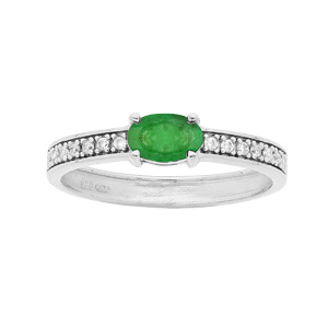 Bague en argent rhodié anneau pavé de Topazes blanches avec Emeraude véritable ovale au centre