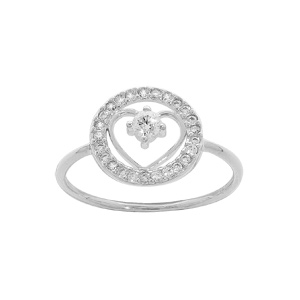 Bague en argent rhodié avec coeur Oxyde véritable contour rond pavé d’oxydes