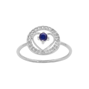 Bague en argent rhodié avec coeur Saphir véritable contour rond pavé d’oxydes