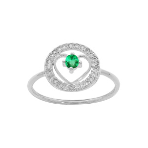 Bague en argent rhodié avec coeur Emeraude véritable contour rond pavé d’oxydes