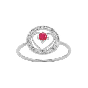 Bague en argent rhodié avec coeur Rubis véritable contour rond pavé d’oxydes