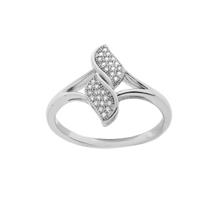 Bague en argent rhodié torsade avec feuilles d'oxydes blancs sertis