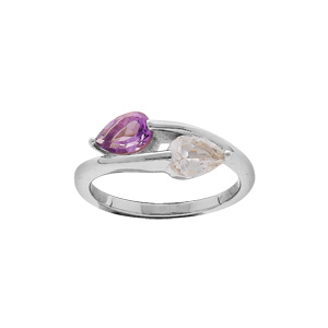 Bague en argent rhodié Amethyste véritable et Topaze blanc croisées