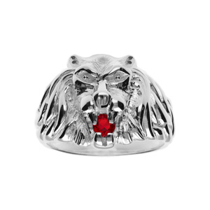 Chevalière lion en argent gros modèle avec oxyde rouge entre les dents