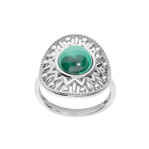 Bague en argent rhodié motif ethnique avec pierre Malachite véritable