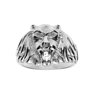Chevalière lion en argent gros modèle avec oxyde blanc entre les dents