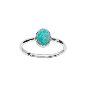 Bague en argent rhodié pierre Amazonite véritable ovale simple contour perlé