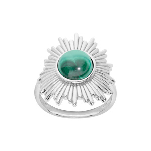 Bague en argent rhodié motif soleil avec pierre Malachite véritable
