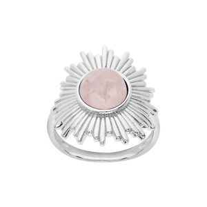 Bague en argent rhodié motif soleil avec pierre Quartz rose véritable