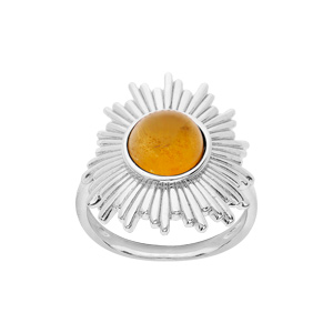 Bague en argent rhodié motif soleil avec pierre Ambre véritable