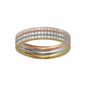 Bague en argent 3 anneaux dissociables, 1 argent, 1 argent rose et 1 argent jaune entièrements empierrés d’oxydes blancs
