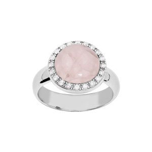Bague en argent rhodié pierre Quartz rose naturelle ronde contour oxydes blancs sertis