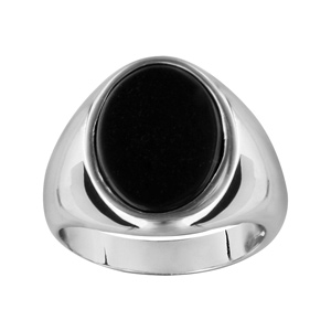 Chevalière en argent rhodié plateau ovale en onyx véritable
